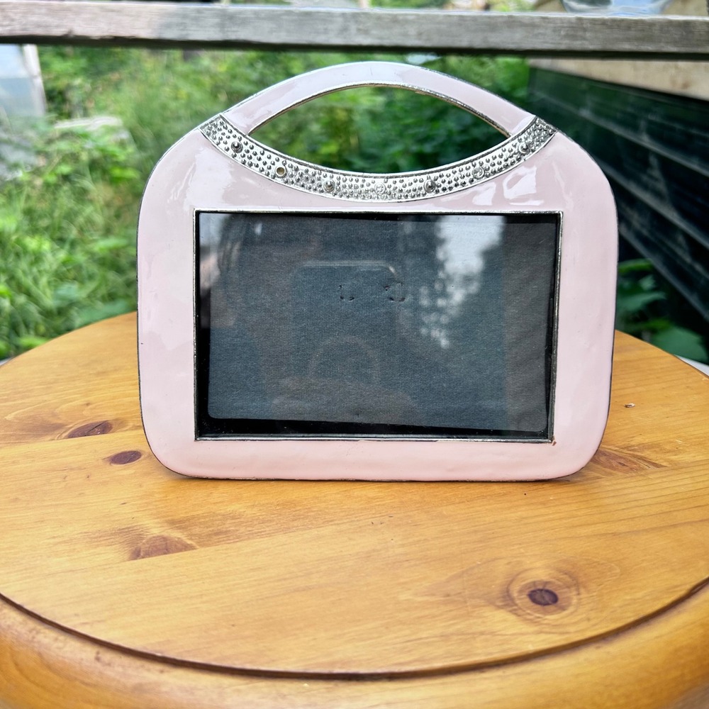 Vintage Purse Frame Handbag Picture Frame Pink Enamel Rhinestone Bling Kitsch